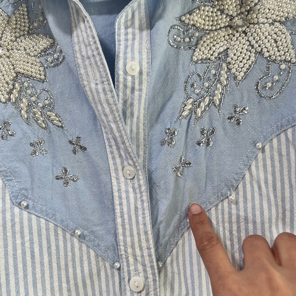 Men's Blue Striped Shirt with Floral Embroidery - Picture 11 of 16